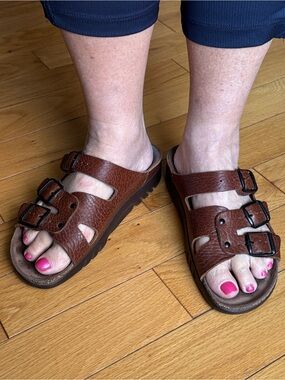 MEPHISTO Brown Leather Triple Strap Sandals